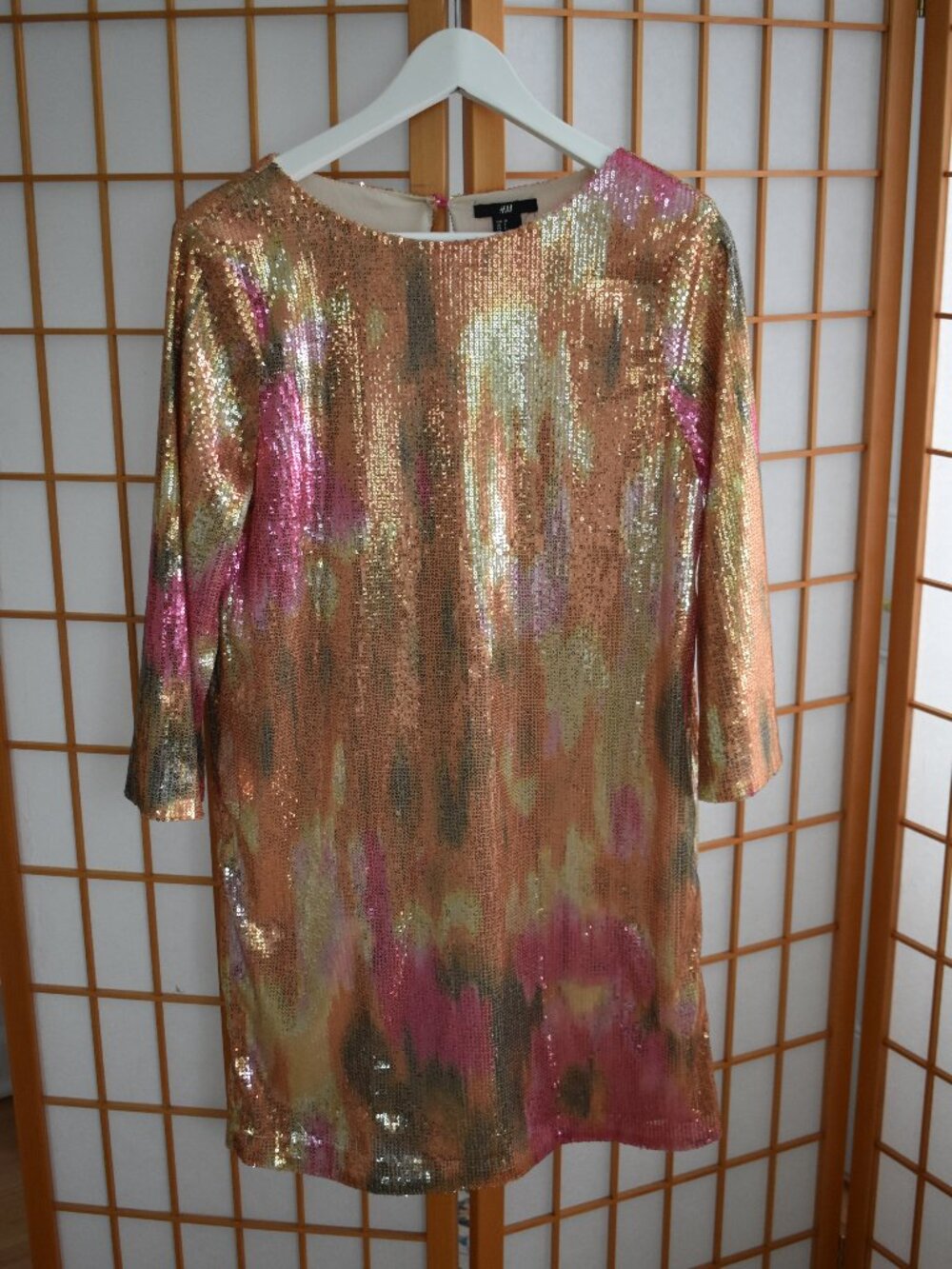 H&M Women's Abstract Sequin Gold Pink Sparkle Litter Shift Dress Size 8